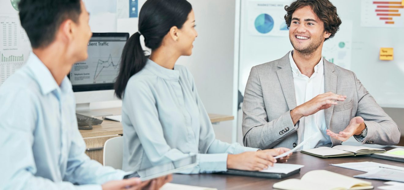 Meeting, marketing vision and kpi performance data for diverse team of talking creative agents to p